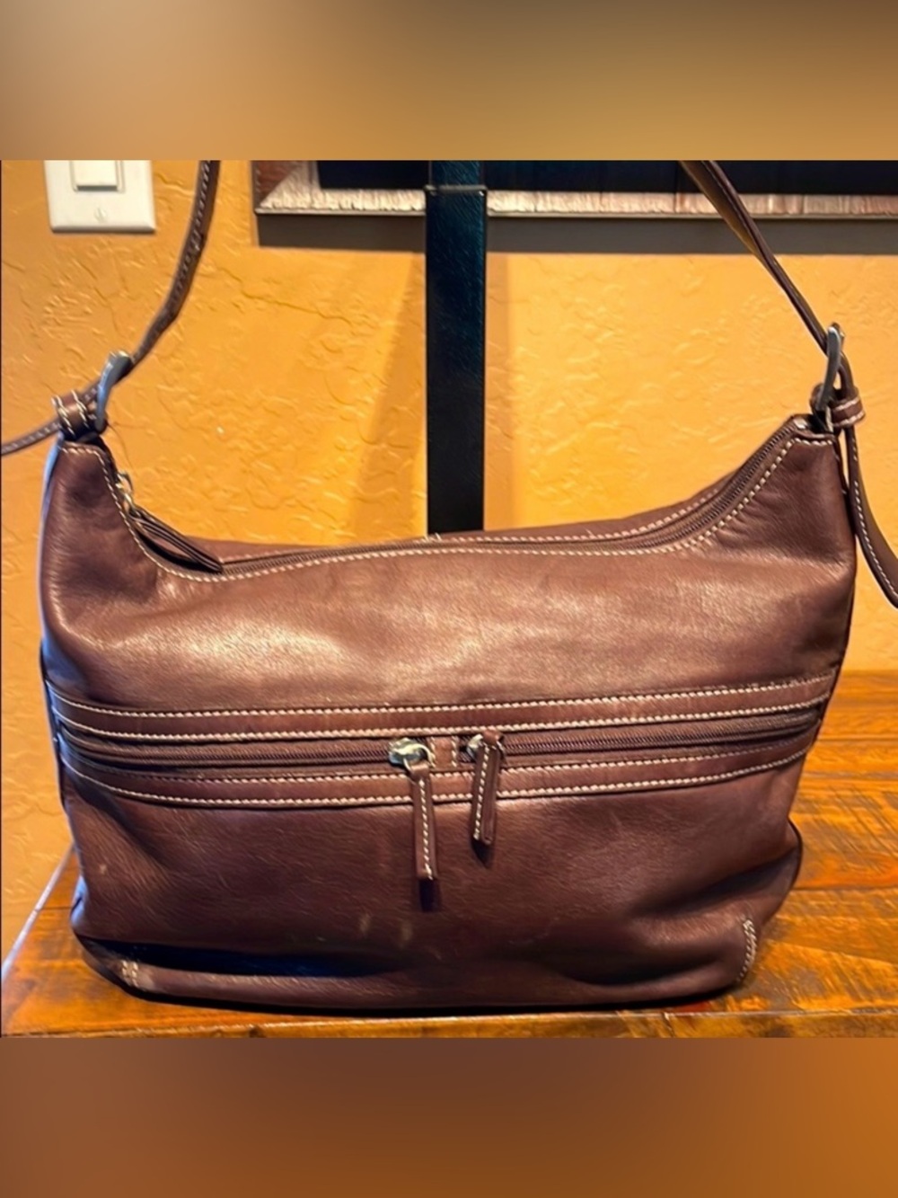Tignanello Brown Leather Shoulder Bag with Dual Front Zips